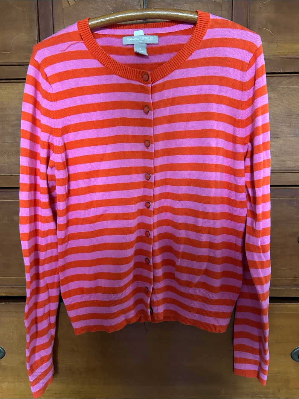 Banana Republic Pink and Red Striped Button Cardigan (small hole along collar)